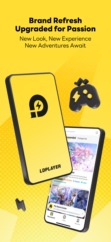 LDPlayer - Écran promotionnel de l'assistant de jeu mobile LDPlayer présentant le nouveau design de la marque et l'interface de l'application sur un smartphone