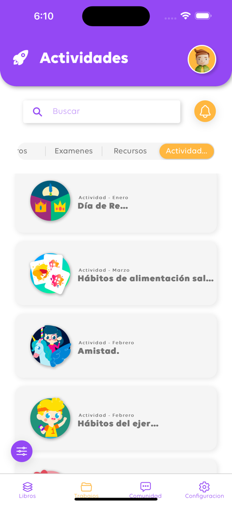 The activities screen of the LBS Plus pedagogical app showing a list of educational topics including healthy habits and friendship.