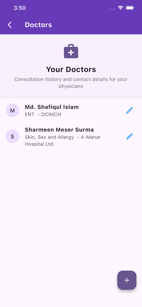 Mobile app screen displaying a list of doctors with their medical specialties and hospitals