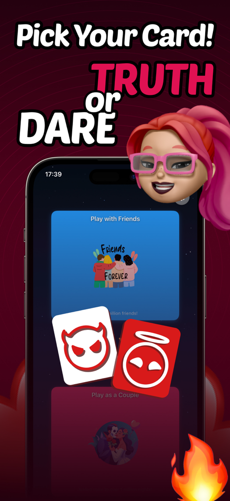 Truth or Dare Spicy Party Game - Jogo Picante de Verdade ou Desafio aplicativo mostrando seleção de cartas para modos de amigos e casais