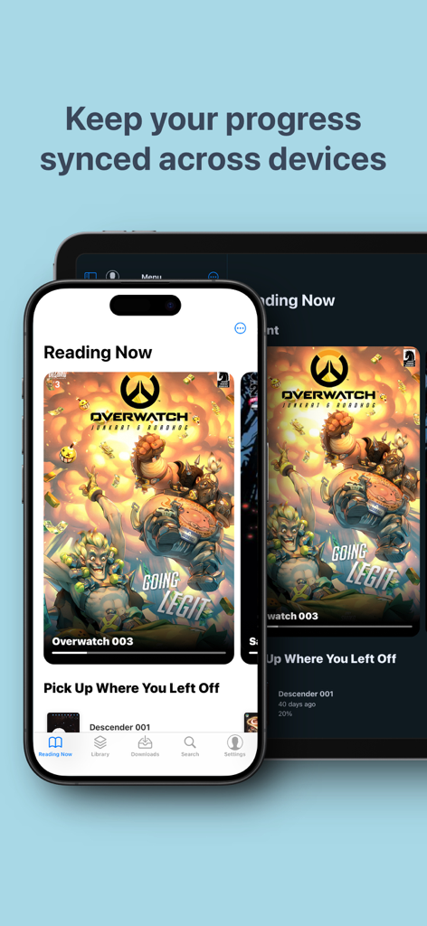 Panels - Comic Reader - Panels comic reader app showing synchronized reading progress on iPhone and iPad