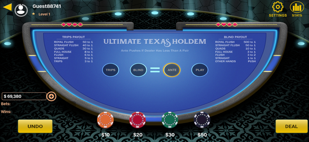 Ultimate texas holdem Poker - Un tavolo da casinò virtuale per Ultimate Texas Holdem Poker che mostra aree di puntata e chip