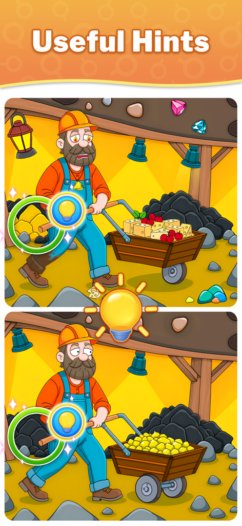 Una comparación lado a lado de dos escenas de dibujos animados de minería donde una bombilla de pista resalta una diferencia en el contenido de la carretilla