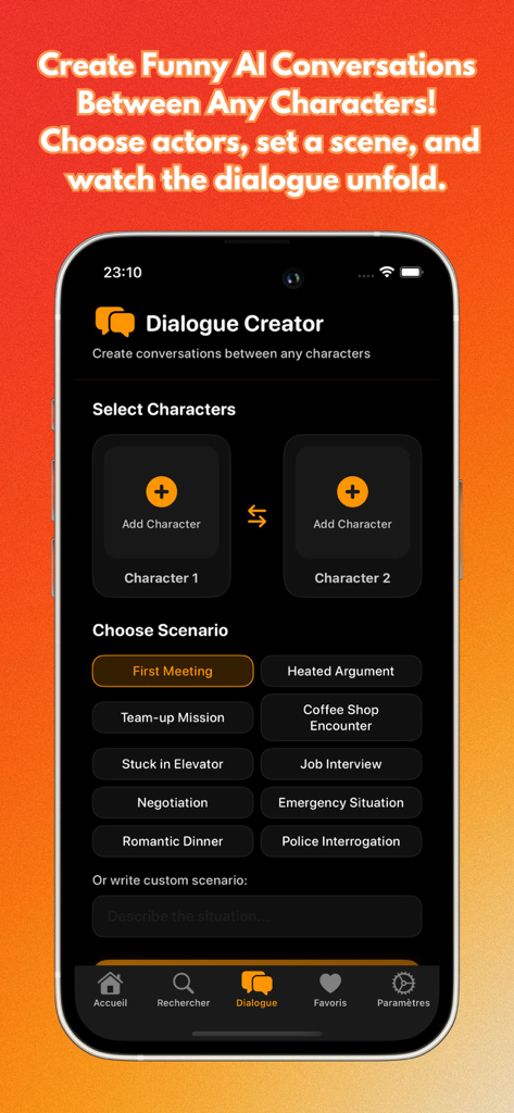 Interfaz del Creador de Diálogos IA de la app Lookmovie para elegir personajes y escenarios de películas.