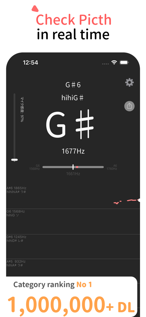 Interface de smartphone do Pitch Checker mostrando detecção de tom musical em tempo real e medição de frequência para cantores.