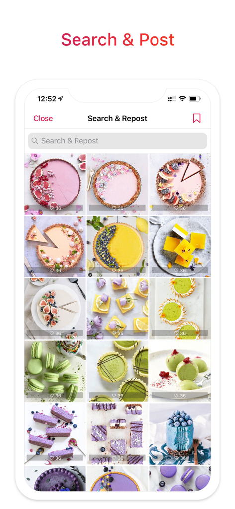 Interfaz de la aplicación Apphi mostrando una cuadrícula visual de fotos de comida estéticas para la función de búsqueda y republicación