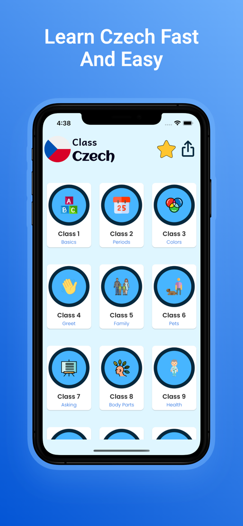 Uma interface móvel para aprender tcheco com vários blocos de categoria como noções básicas, períodos, cores e família.