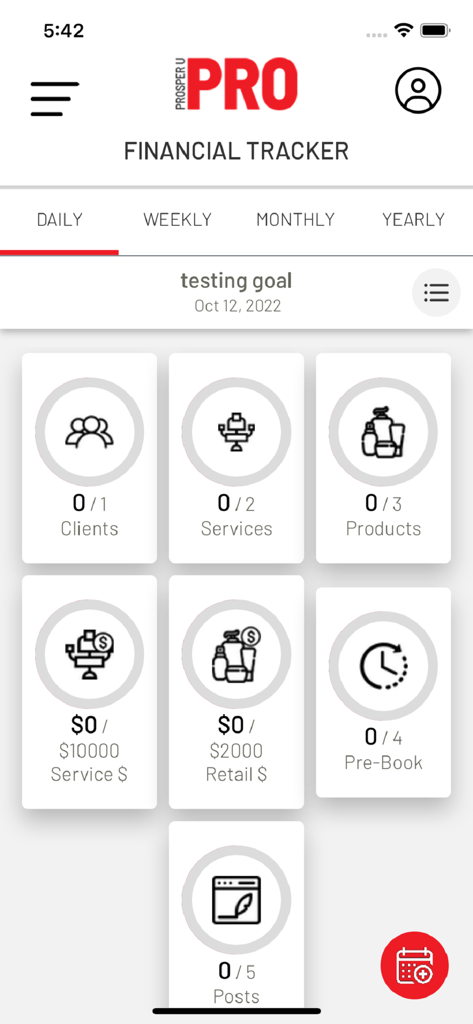 Prosper U - Prosper U app financial tracker dashboard showing daily business goals for beauty and wellness professionals