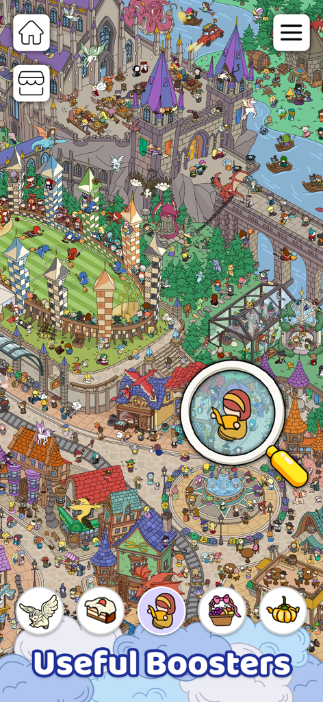 Gameplay do jogo de caça ao tesouro Encontre apresentando um mapa de academia de magia e uma ferramenta de lupa