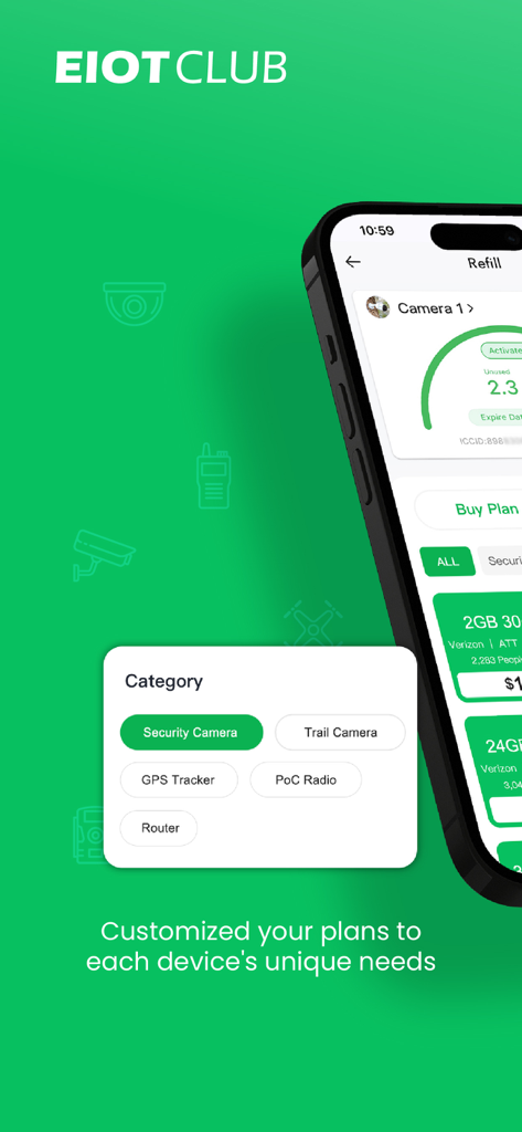 Interfaz de la aplicación EIOTCLUB que muestra categorías de planes de datos para dispositivos IoT, incluyendo cámaras de seguridad y de rastro
