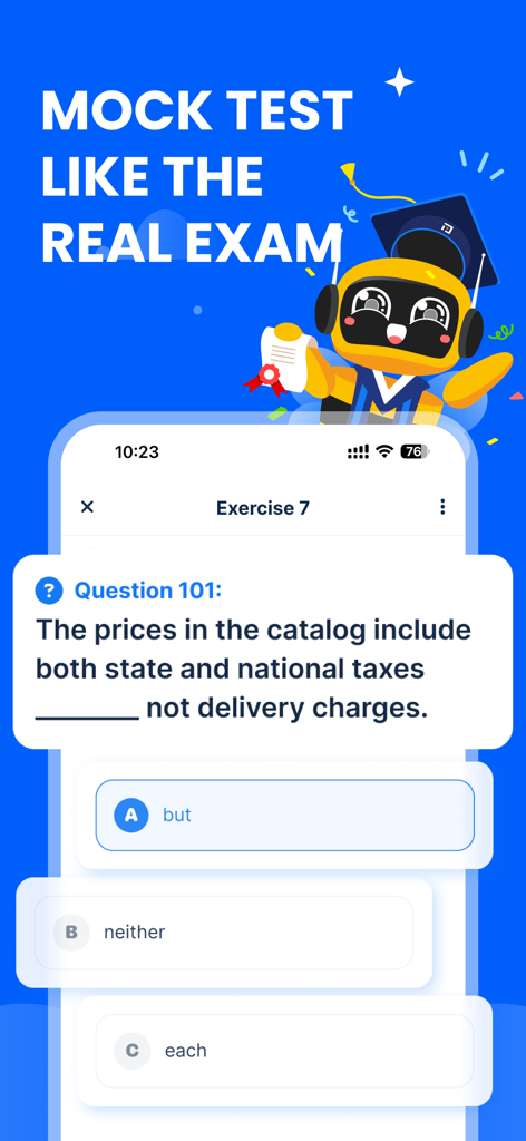 Prep-Smart learning& test prep - Una interfaz de aplicación móvil que muestra una pregunta de gramática inglesa de opción múltiple para la preparación de exámenes.