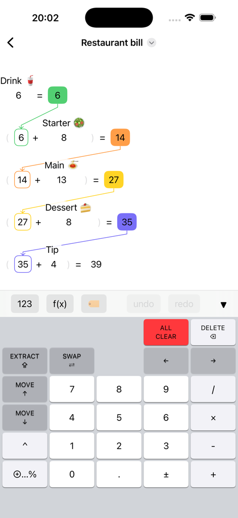Caldy - Caldy app interface showing a visual restaurant bill calculation with step by step labels and connecting arrows
