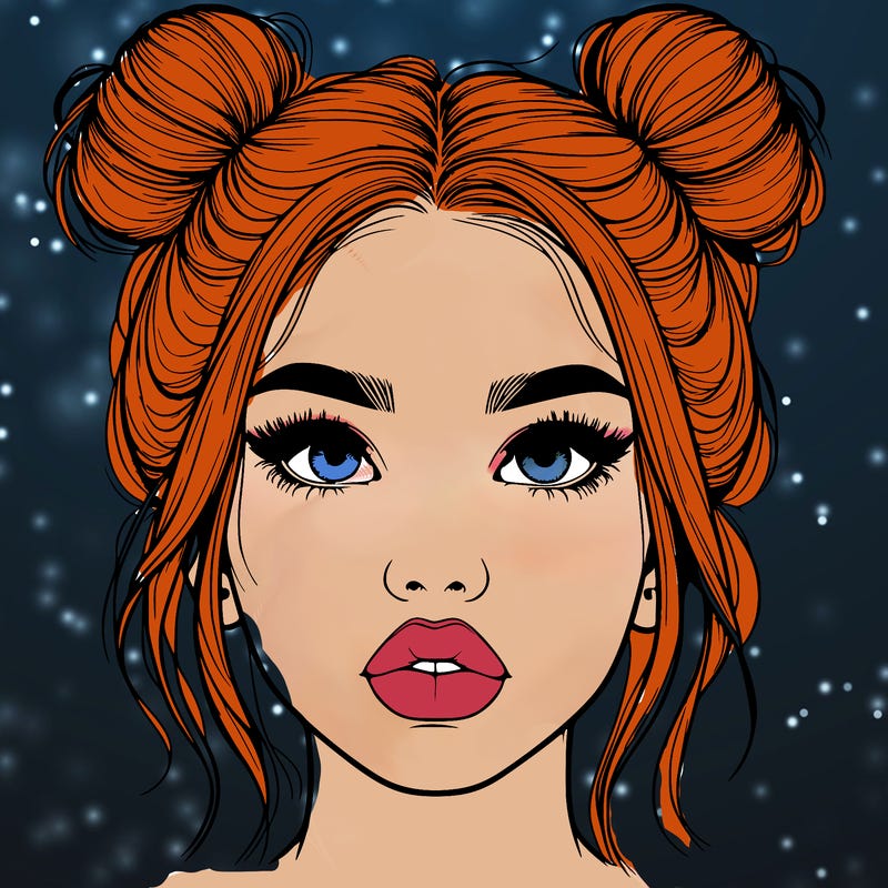 realistic girl with two buns on her hair and lips