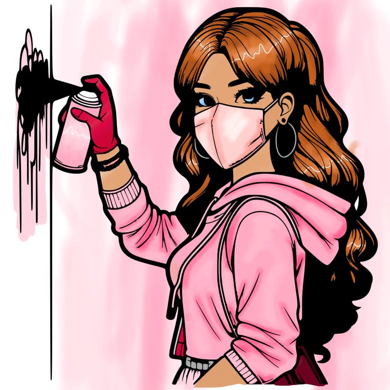 realistic girl with mask spray painting a wall