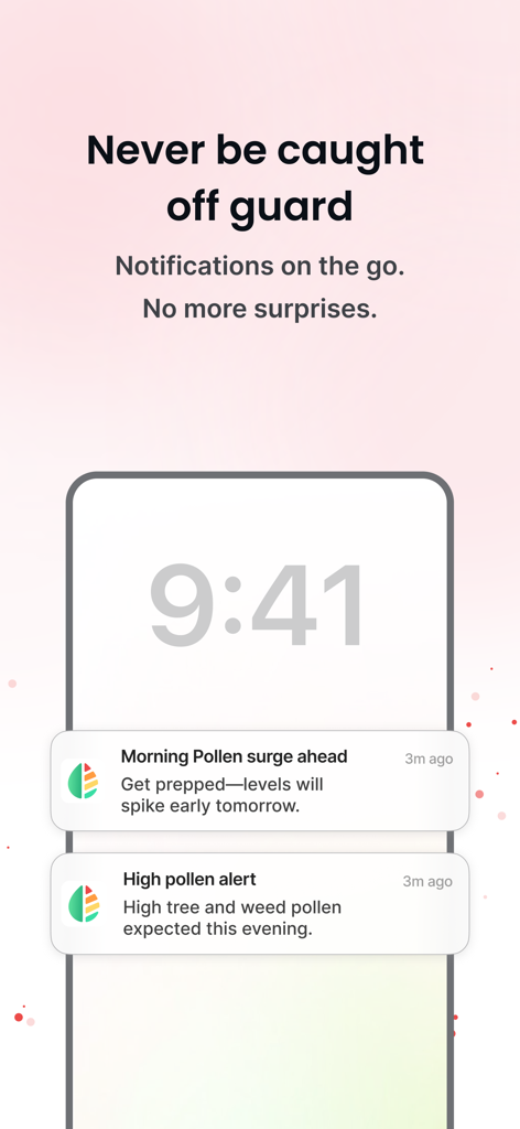 AllerTrack: Allergy monitor - Pantalla de bloqueo del smartphone que muestra notificaciones de AllerTrack sobre un pico de polen matutino y altos niveles de polen.