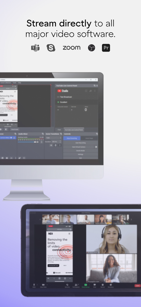 NDI Capture app showing screen sharing from a mobile device to professional video software like OBS and Zoom.
