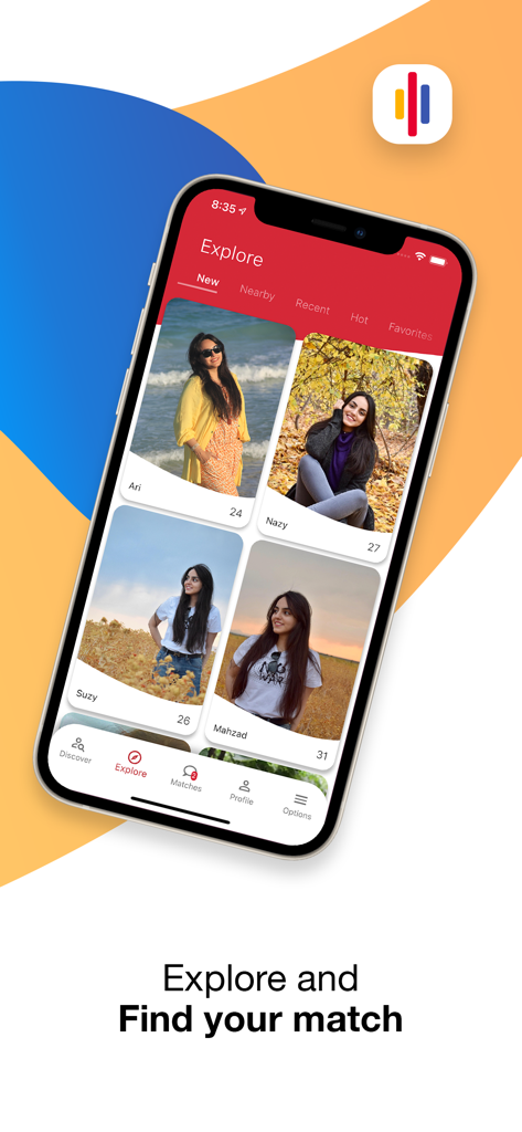 Persian Club - Smartphone screen displaying the explore section of the Persian Club app with user profile cards for dating and networking.