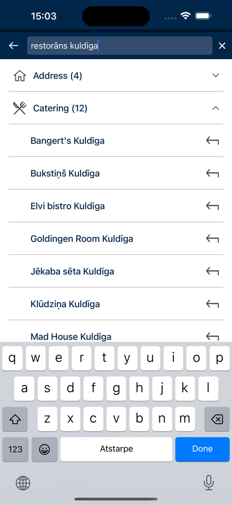 BalticMaps - Search results for restaurants in Kuldiga within the BalticMaps navigation app