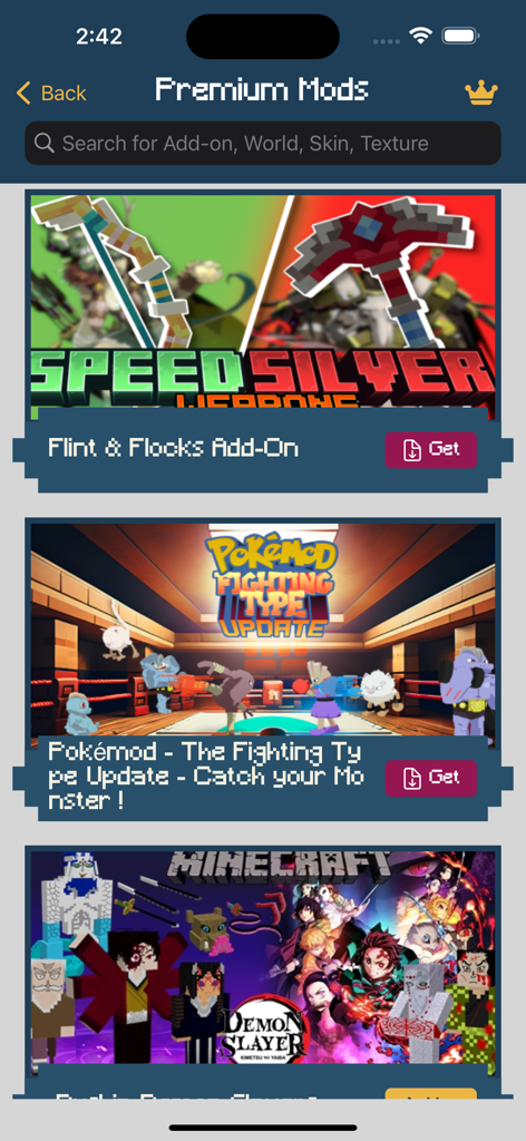 App screen showing premium mods for Minecraft PE including Demon Slayer and Pokemon themes