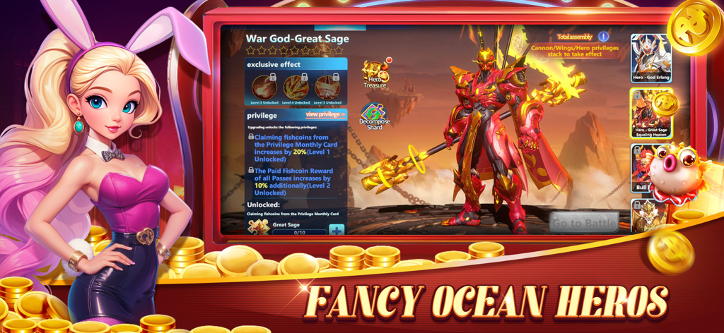 Fishing Frenzy: Sea World - A character selection screen in Fishing Frenzy Sea World showing the War God Great Sage hero and gold coins.