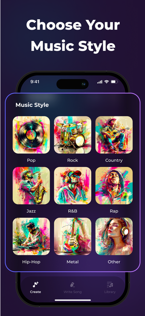 A screen showing various music genres for AI song generation in the Soundful app.