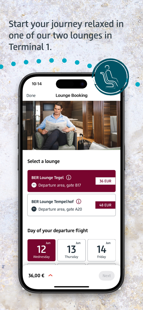Lounge-Buchungsbildschirm in der BER Airport App für die Lounges von Terminal 1