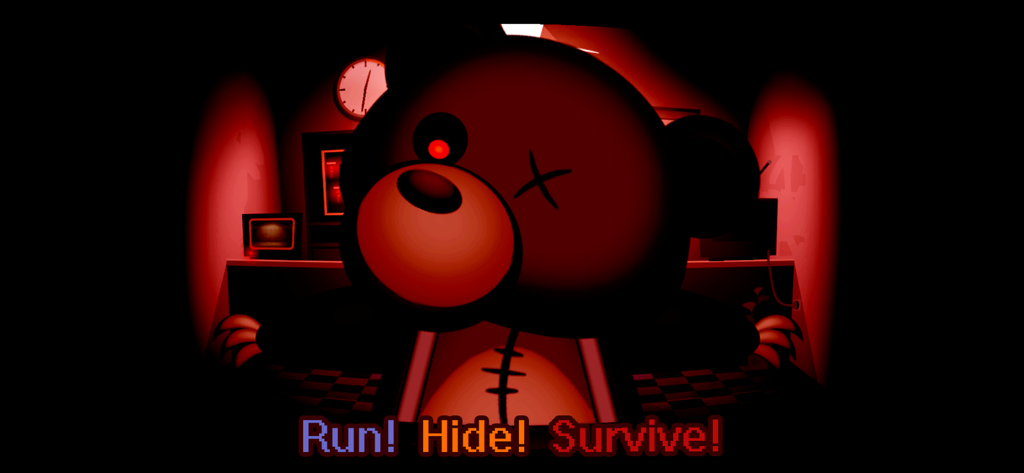 Ein gruseliger Teddybär mit einem rot glühenden Auge in einem dunklen Raum mit der Aufschrift „Run Hide Survive“