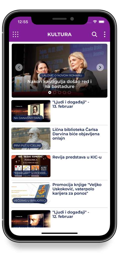 RTCG - Mobile interface of the RTCG app culture news section in Montenegrin.