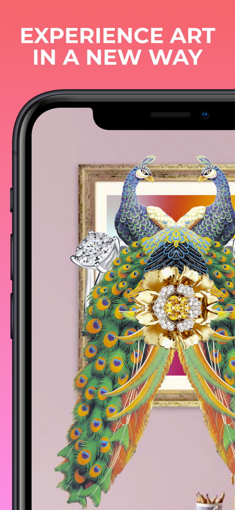 Artivive app showing a peacock artwork enhanced with augmented reality animations on a smartphone