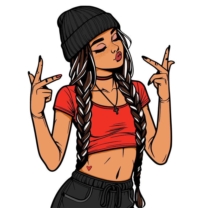 realistic teenage girl with braids and a beanie and crop top doing 🫶🏼