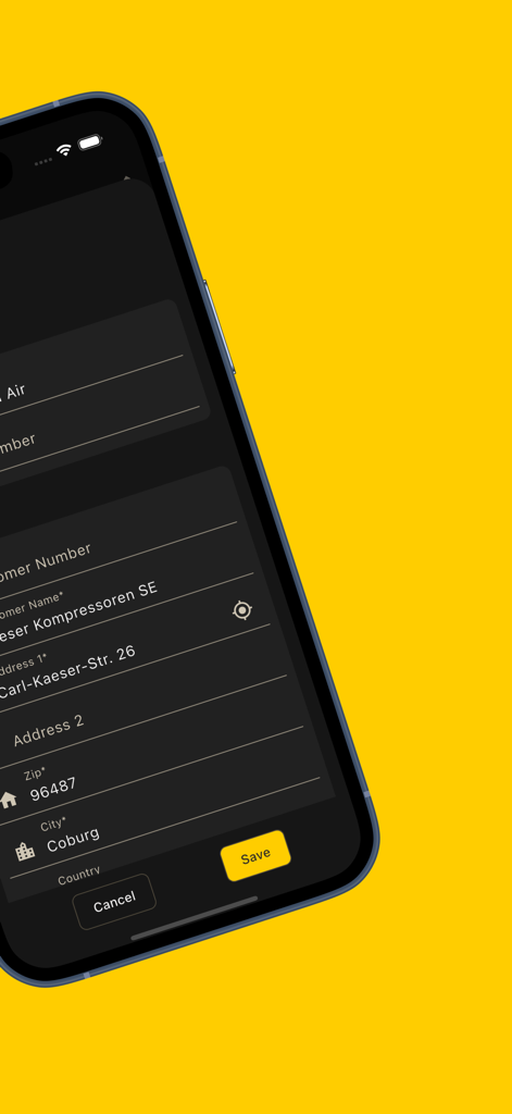 Mobile interface of the Air Demand Analysis app showing a form for entering customer name and address information.