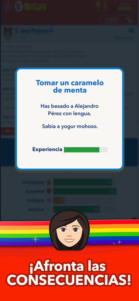 BitLife Español - BitLife Español-Spielbildschirm, der ein humorvolles Szenario und die Phrase 'Stellen Sie sich den Konsequenzen' auf Spanisch zeigt