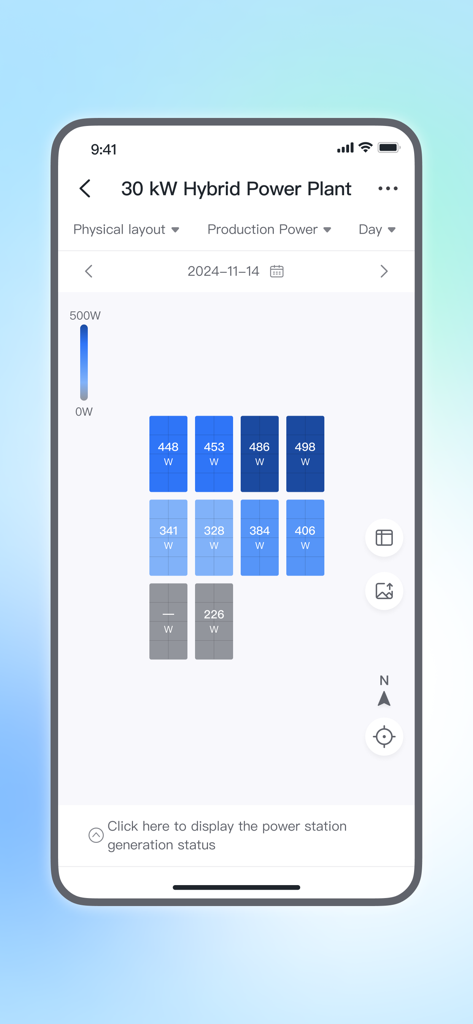Panel de control de la aplicación móvil que muestra la disposición física y la potencia de salida en tiempo real de los paneles solares individuales