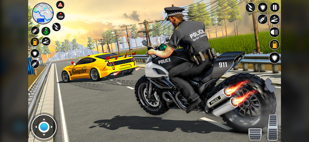 US Police Moto Bike Car Chase - A police officer on a motorcycle chasing a yellow gangster car in an open world city