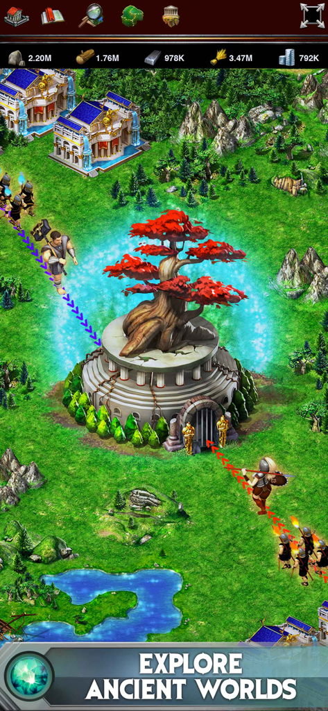 A gameplay screenshot of Game of War Fire Age showing soldiers marching toward an ancient building under a large red tree in a lush green environment.