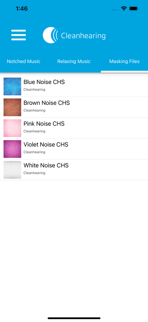 List of sound masking options including blue, brown, pink, violet, and white noise in the Tinnitus App by Cleanhearing.