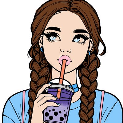realistic girl with braided hair drinking boba