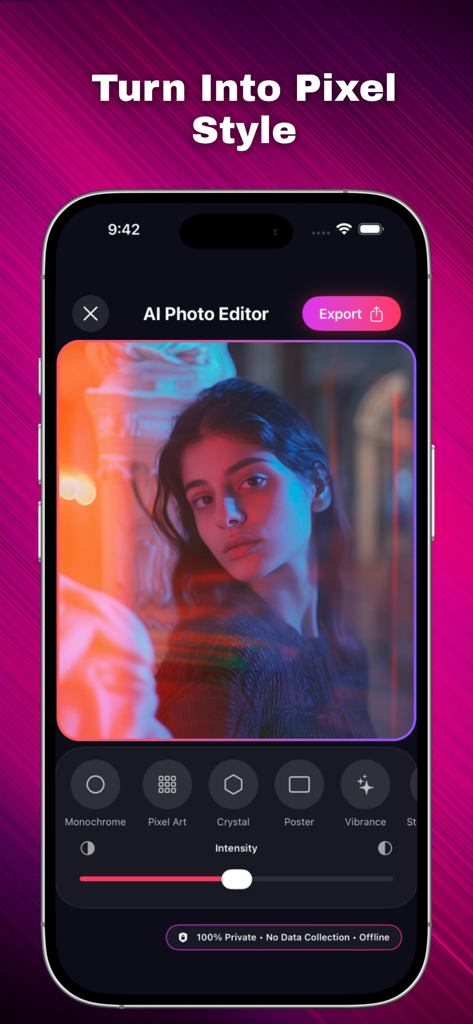 AI PHOTO EDITOR++++ - Interfaz de la aplicación AI Photo Editor mostrando un filtro de estilo píxel aplicado a un retrato con funciones de privacidad sin conexión