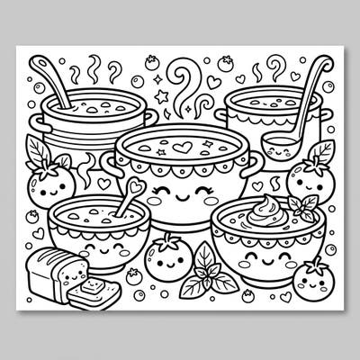 Get ready to add a splash of color to the cutest soup bowls you've ever seen! This Kawaii Tomato Soups coloring page brings heartwarming charm and endless creative fun to your artistic journey.