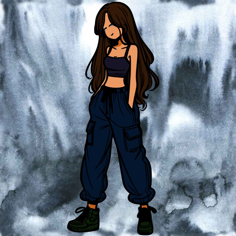girl in baggy pants crop top and long hair