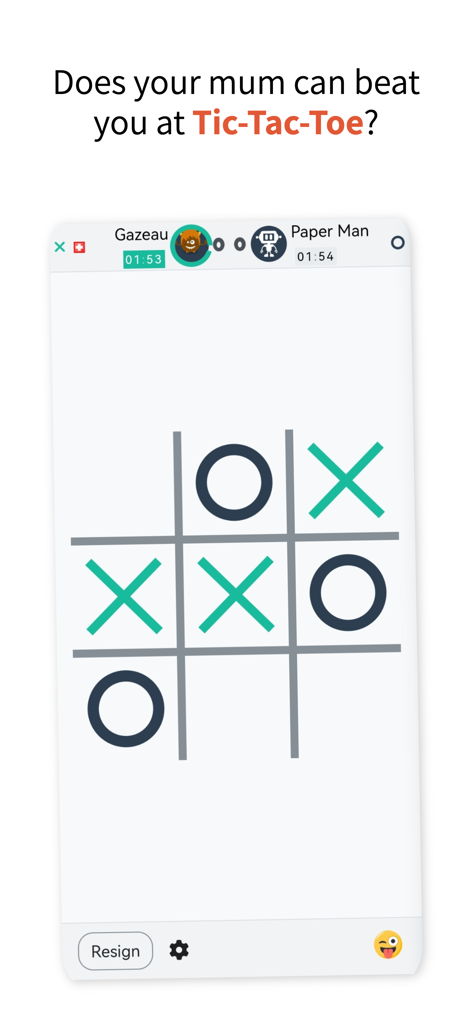 A digital Tic Tac Toe game match in progress on the papergames.io mobile application