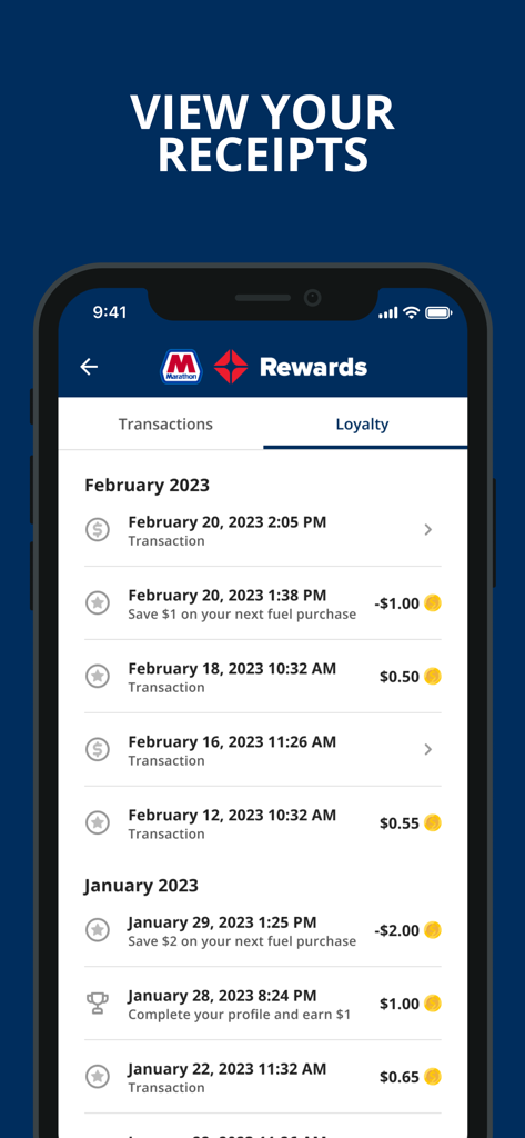 Marathon ARCO Rewards - Marathon ARCO Rewards app loyalty screen showing fuel savings and transaction history