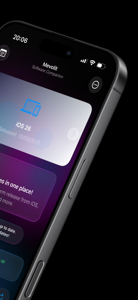 Mevolit - Device Updates - Mevolit app interface on iPhone tracking Apple software updates with a modern liquid glass design