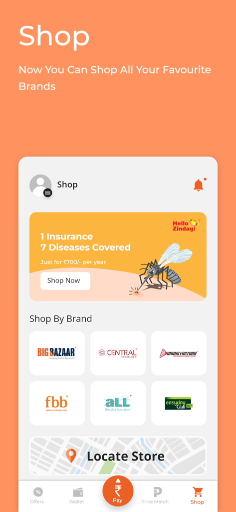 Future Pay - Future Pay mobile app shop screen showing retail brands including Big Bazaar fbb and Central