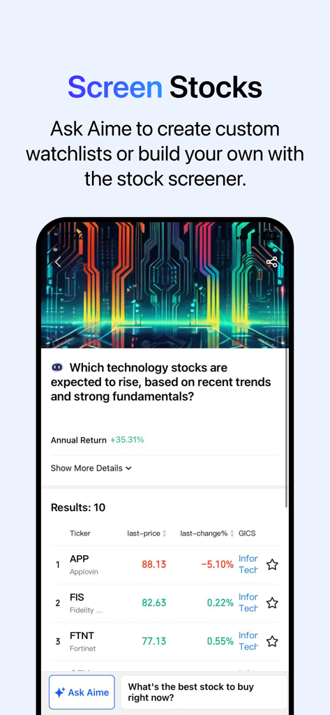 AInvest: AI Stock Investing - Interfaccia dell'app mobile AInvest che mostra un elenco generato dall'AI di azioni tecnologiche