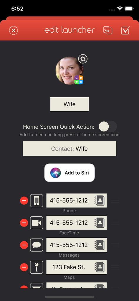 Launcher with Multiple Widgets - Edit launcher screen showing contact customization for quick access to phone calls and messages