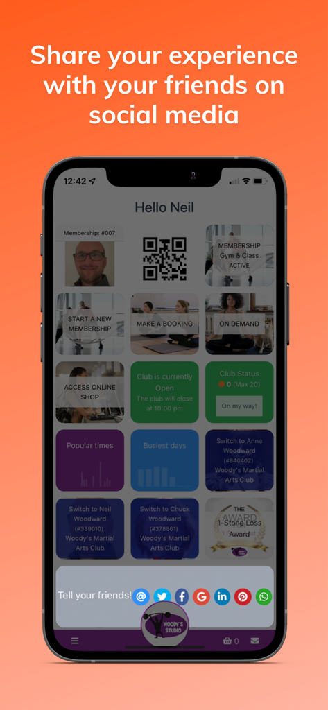 ClubRight app dashboard showing membership details and social media sharing features for gym members
