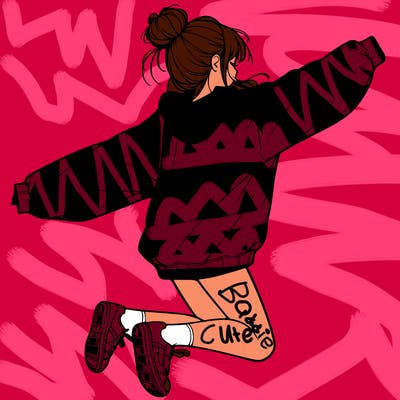 realistic girl jumping with a bun and oversized sweatshirt