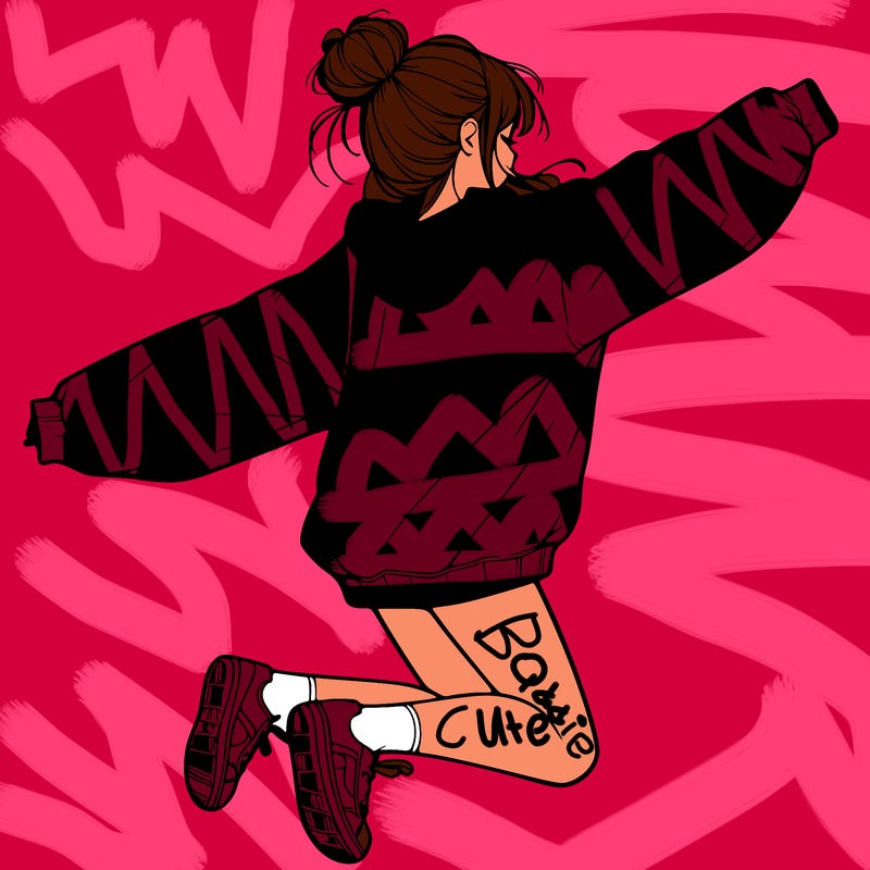 realistic girl jumping with a bun and oversized sweatshirt