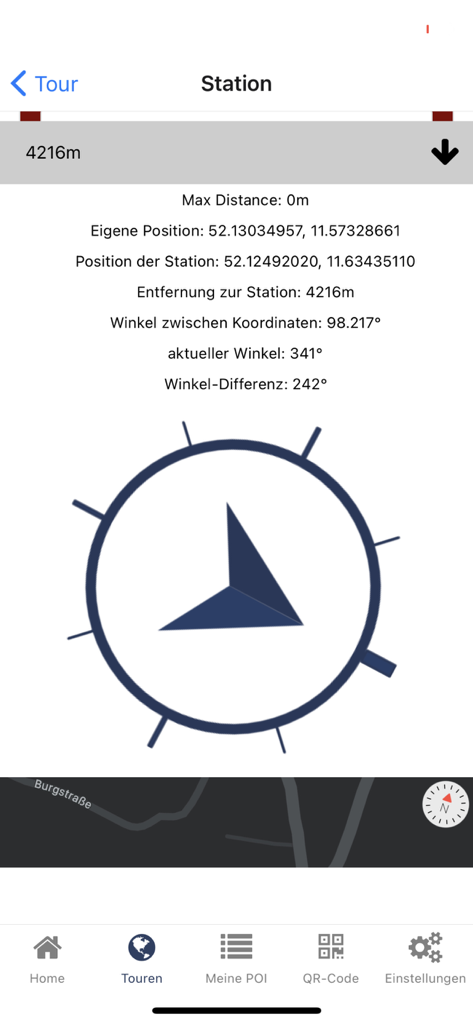 Tourguide Magdeburg - Interfaccia di navigazione che mostra la distanza e la freccia direzionale verso una stazione del tour a Magdeburgo